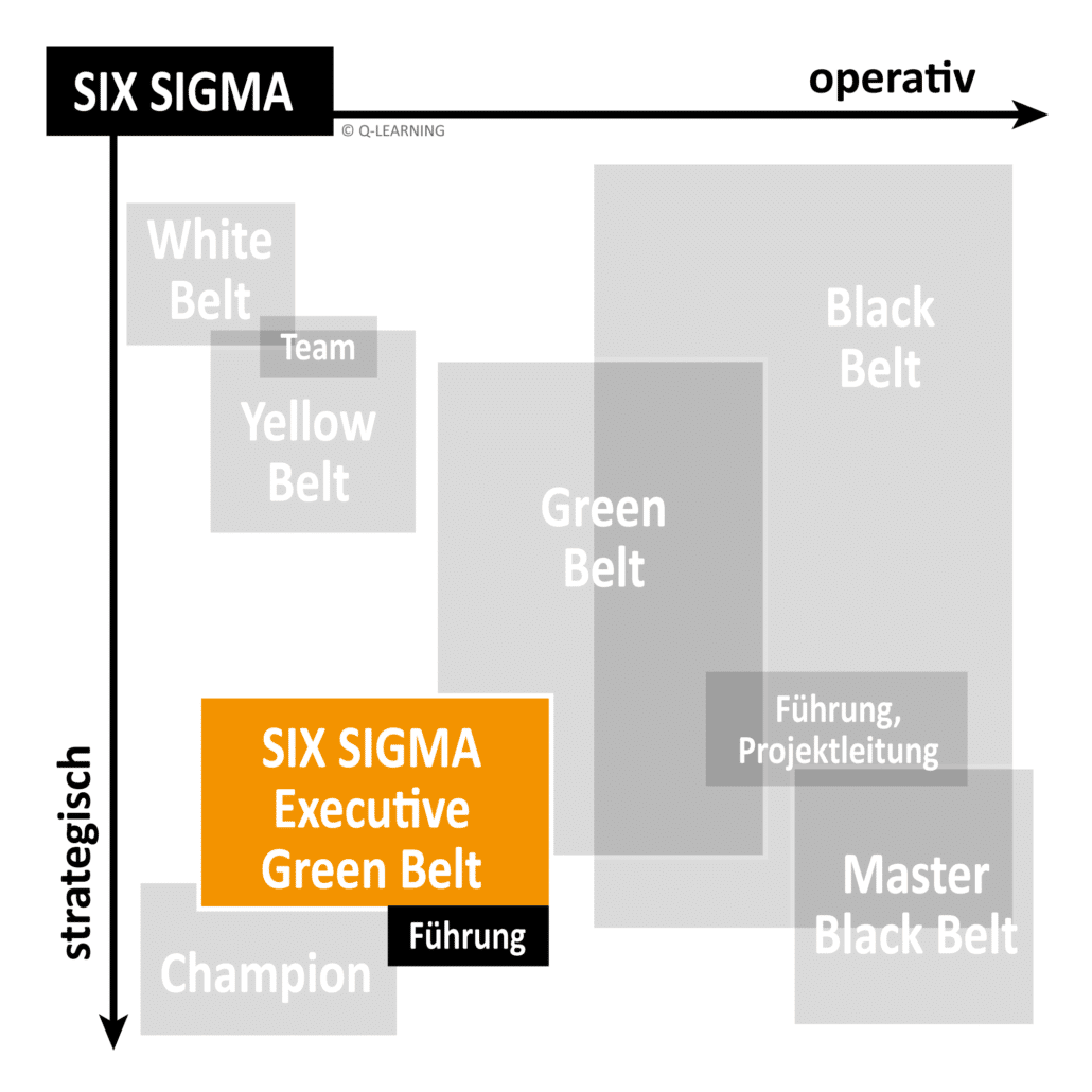 Flowchart of Six Sigma belt levels, ranging from White to Master Black Belt, organized by strategic and operational focus.