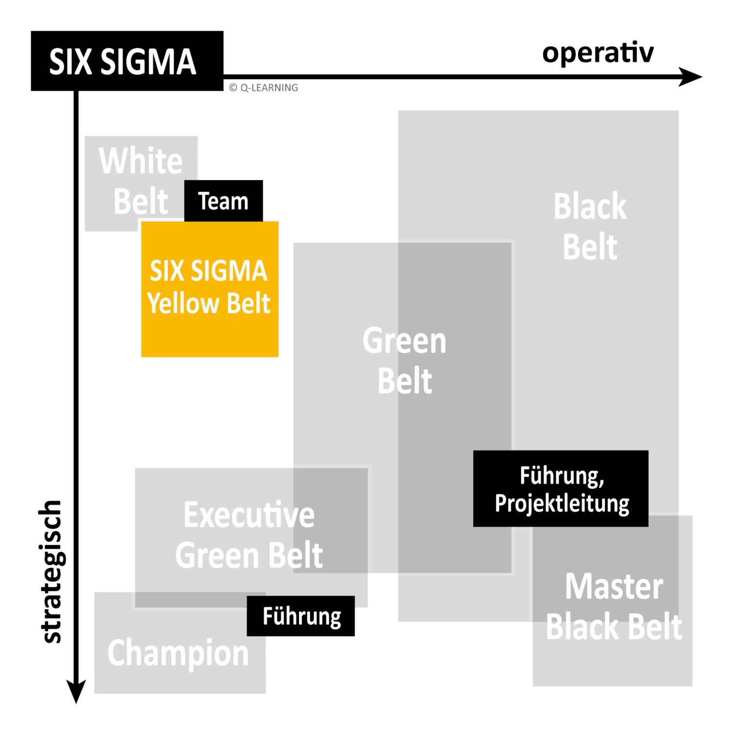 Flowchart of Six Sigma belt levels, ranging from White to Master Black Belt. Vertical axis: strategic; horizontal axis: operative.